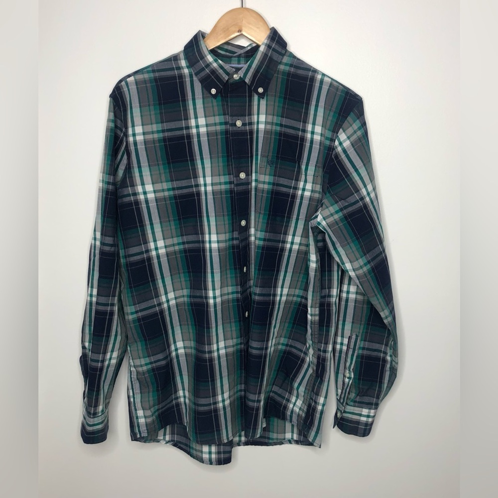 Chaps Easy Care Green & Blue Plaid Button Up Dress Shirt Men's Large